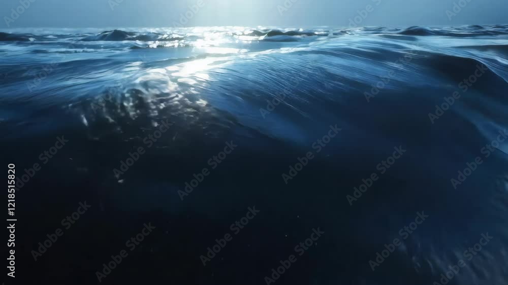 Poster shimmering ocean waves under soft sunlight captured at high resolution and dynamic motion