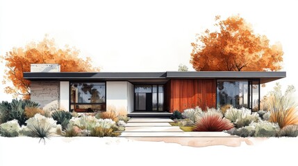 Modern architectural home with autumn landscape outdoor design serene environment