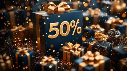 gift boxes on it 50 % in large, gold, bold  