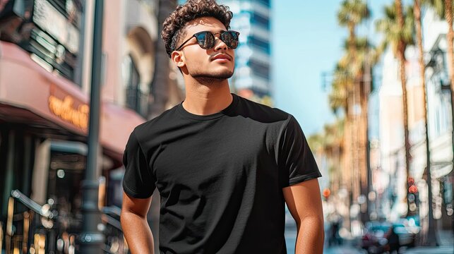 Man in black shirt, urban street, sunny day, palm trees background, apparel mockup
