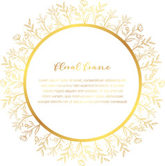 Hand Drawn Gold Colored Flower Wreath for Birthday, New Year, Christmas Card, Wedding Invitation.