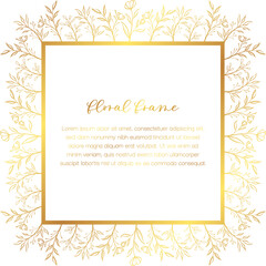 Square foliage golden wreath with floral branches. Elegant rustic invitation frame for wedding card.
