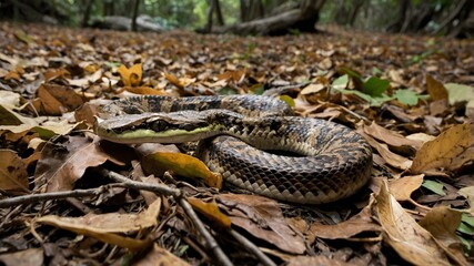 Obraz premium Coiled Bothrops Alcatraz Lying in Ambush Among Leaves and Stones