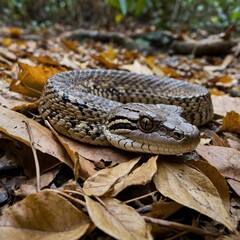 Naklejka premium Bothrops Alcatraz Coiled in Ambush Among Leaves and Stones