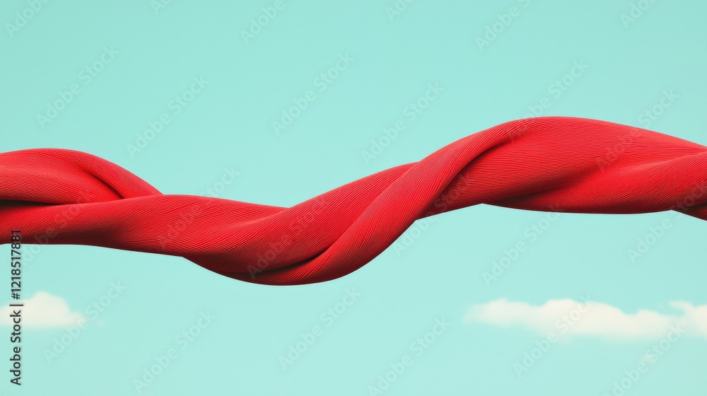 Poster twisted red rope against blue sky with clouds creating a striking visual contrast and abstract repre