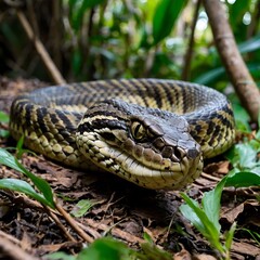 Fototapeta premium Bothrops Alcatraz Slithering Through Underbrush in Dynamic Wildlife Action