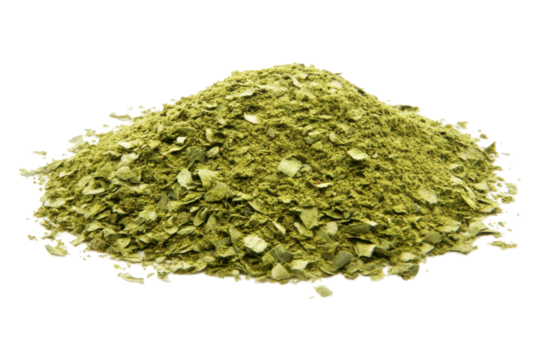 A mound of finely ground green herb, commonly used for culinary or medicinal purposes.