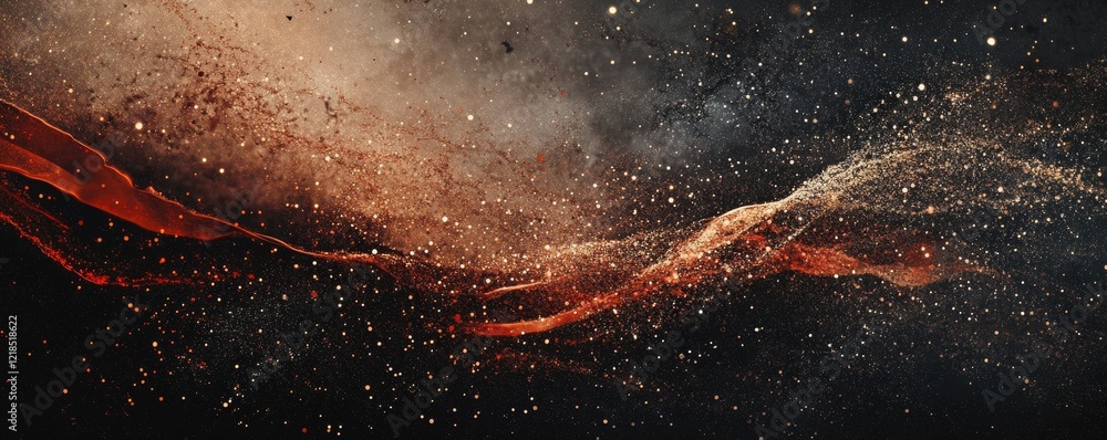 Poster sparkling golden particles create a mesmerizing background filled with shimmering lights at night..