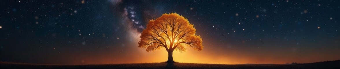 Glowing golden abstract tree with starry night sky, golden, starry