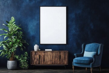 Blank poster mockup in navy blue room interior with armchair and plants.