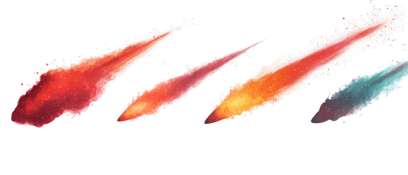 High detail illustration of four different comets with vibrant colors and trails