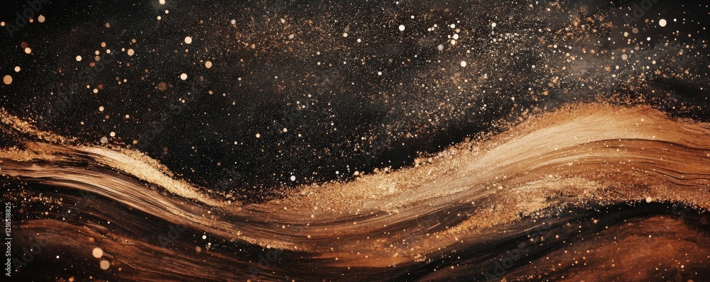 Poster sparkling golden particles create a mesmerizing background filled with shimmering lights at night..