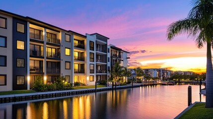 Obraz premium The perfect urban setting: twilight sky, sleek apartments, and glowing reflections on the water.