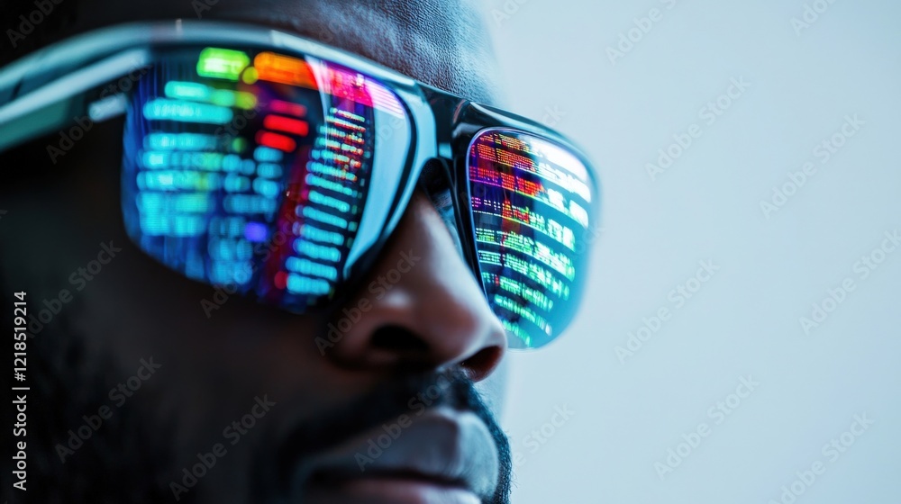 Poster person wearing sunglasses with colorful reflections of digital data and vibrant patterns in modern t