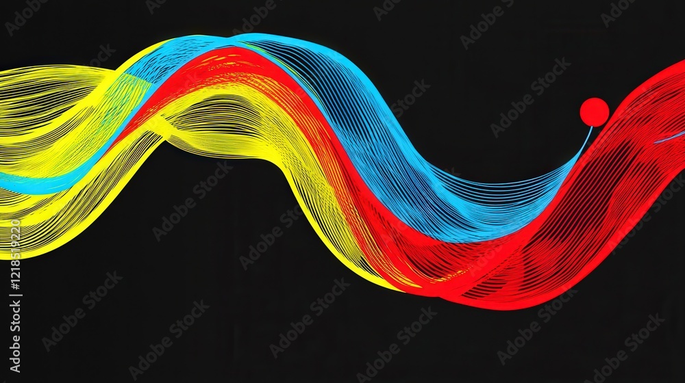 Poster vibrant abstract waves in blue, red, and yellow on a dark background creating a dynamic visual exper