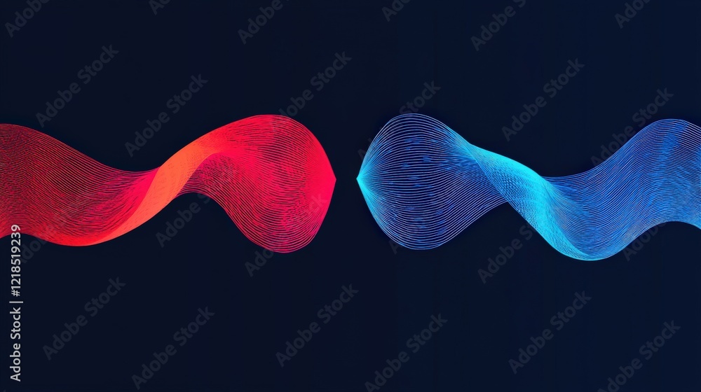 Poster vibrant wave patterns in red and blue against a dark background representing modern technology and i