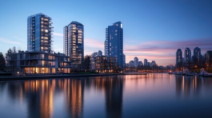 Obraz premium Urban twilight: modern cityscape featuring stylish apartments and serene water reflections.
