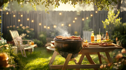 A delightful backyard barbecue scene with sausages grilling on a charcoal grill, surrounded by a picnic table laden with food and drinks.