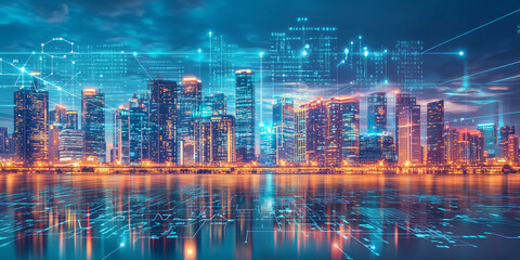 Obraz premium Conceptual panorama of a city skyline , illuminated by the glow of neon lights and digital world elements, captures the energy of urban life.