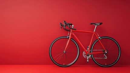 Fototapeta premium Bright red bicycle leaning against a vibrant red wall in a minimalist setting, showcasing design and color contrast