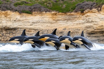 Fototapeta premium Coastal wildlife photography leaping dolphins in their natural marine habitat
