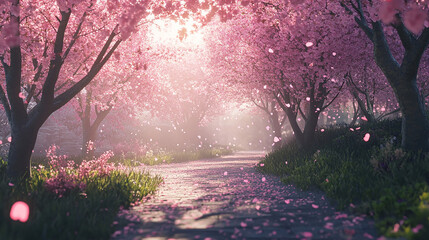 Blooming cherry blossom trees
