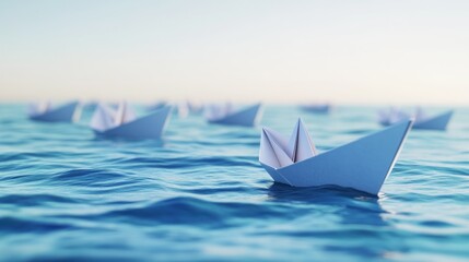 Obraz premium Paper boats float on calm ocean at sunrise; hope concept