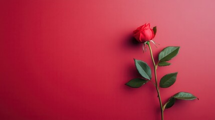 Fototapeta premium Beautiful red rose against a vibrant red background highlights the elegance of nature in simple composition