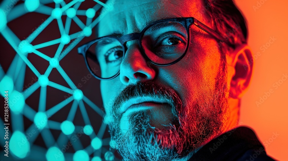 Aufkleber introspective man with glasses against a colorful abstract background depicting technology and conne