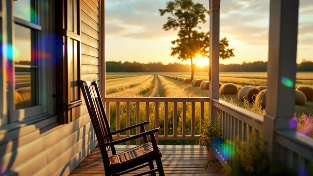 Serene sunrise view from rustic porch overlooking golden wheat fields