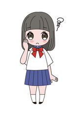 モヤモヤと困った顔をして考え込んでいるセーラー服姿の女子生徒の全身イラスト