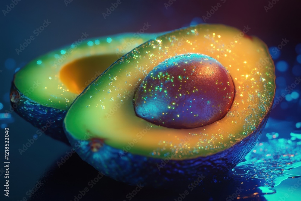 Poster avocado split in half illuminated by colorful lights creating a sparkling effect