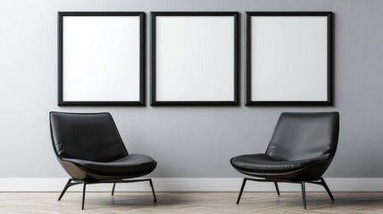 Modern Minimalist Living Room With Three Blank Frames And Two Black Leather Armchairs. Clean Lines And Neutral Colors Create A Sophisticated Atmosphere.