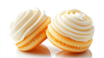 Delicious vanilla macarons with creamy icing on white background