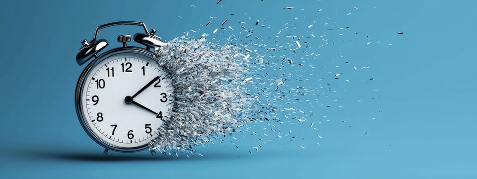 Conceptual illustration of time distortion with an alarm clock shattering into particles against a blue background
