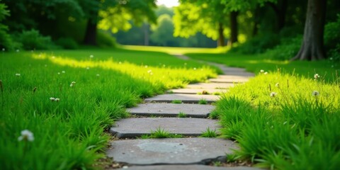 Obraz premium Serene Pathway Through Lush Green Meadow, Illuminated by Sunlight, Leading to a Tranquil Destination