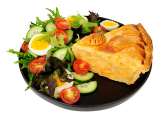 Shortcrust pastry potato and cheese filled pie slice meal with fresh egg salad isolated on a white background