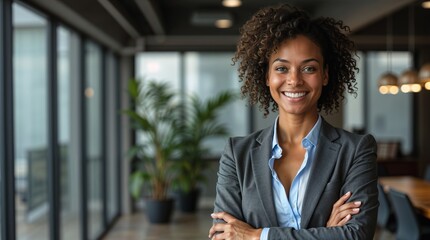 Confident Afro businesswoman with arms crossed, smiling gently at the camera in a modern office. Women's Day concept