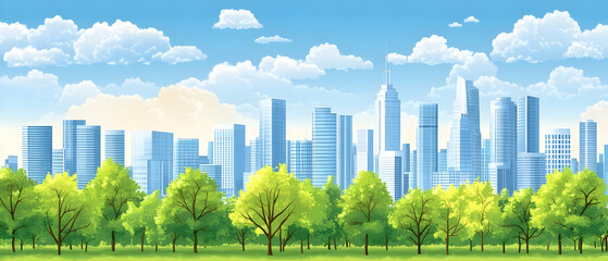 Cityscape Park, Sunny Day, Green Trees
