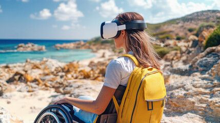 Tourist with disability using vr headset exploring tropical beach, wheelchair accessibility and inclusive tourism