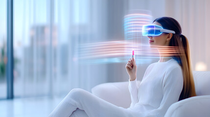 Sitting on sofa of woman in VR to metaverse interacting with shopping online website between lipstick or perfume product interface collection cosmetic application neon lighting at home. Hallucination
