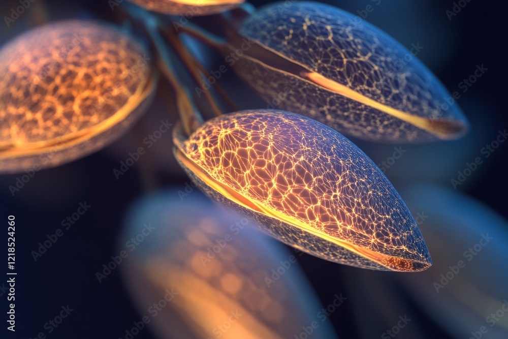 Poster unique close-up of illuminated seeds with intricate patterns in dark background