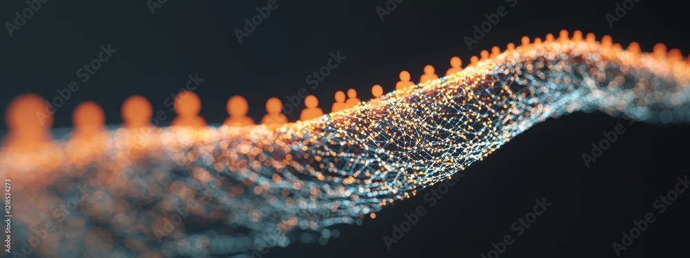 Poster abstract digital wave of glowing particles representing connection and interaction among diverse ind