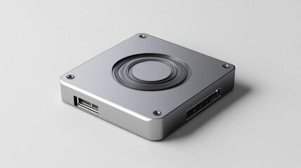 Fototapeta premium Silver tech device, studio shot, white background, data storage