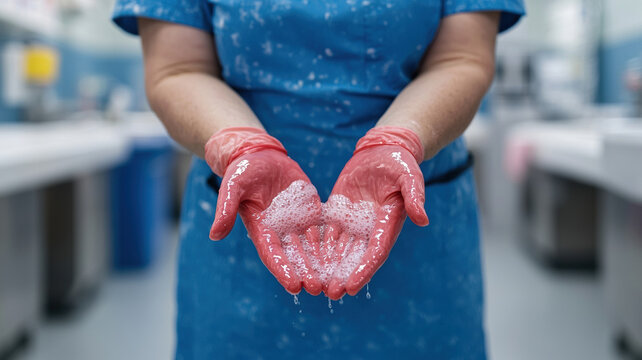 nurse demonstrating proper handwashing technique with soap bubbles