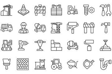Construction icon vector set. Labor icon set, Thin line icons set of construction and architecture. Construction car, Bulldozer, crane, machine icon vector illustration. 