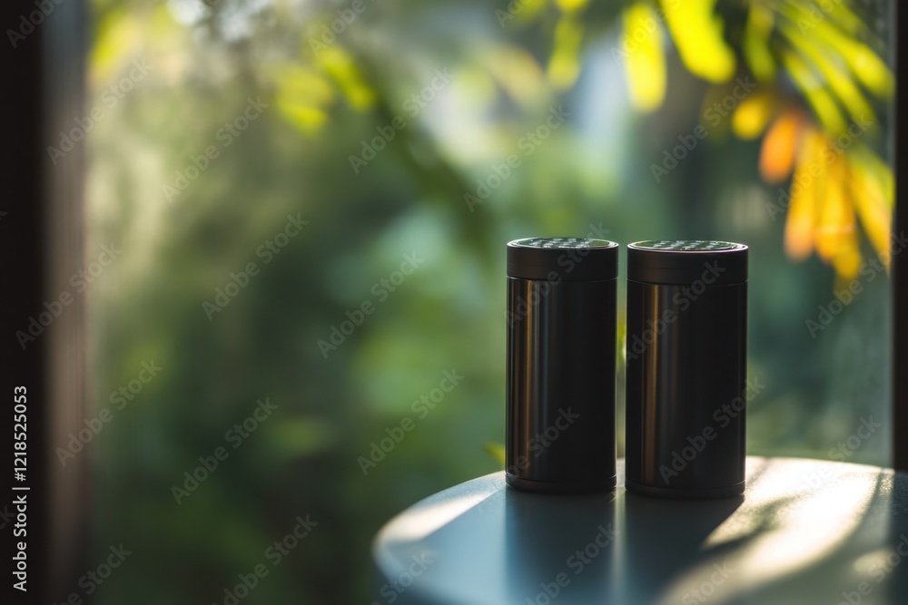 Poster two sleek containers resting on a table illuminated by soft natural light