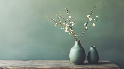 Spring blossoms in vase on rustic wooden table against green wall, home decor, peaceful scene