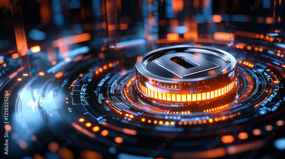 Poster digital padlock glowing amidst futuristic circuit board design, symbolizing security in cryptocurren