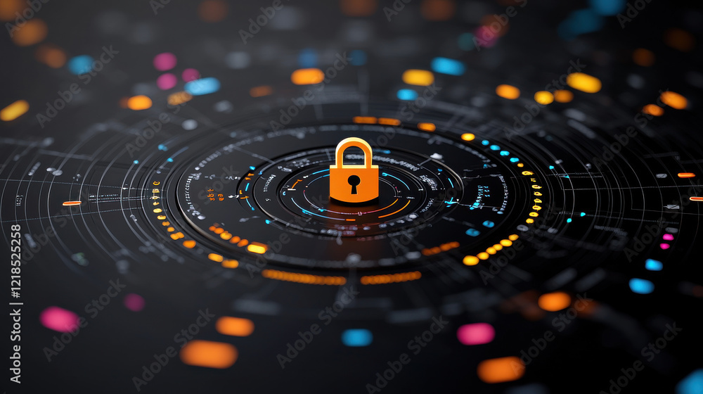 Poster colorful 3d visualization of data privacy measures featuring central lock symbol, representing secur